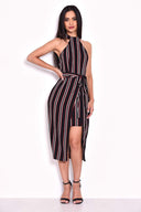 Black Striped Cut In Neck Dress