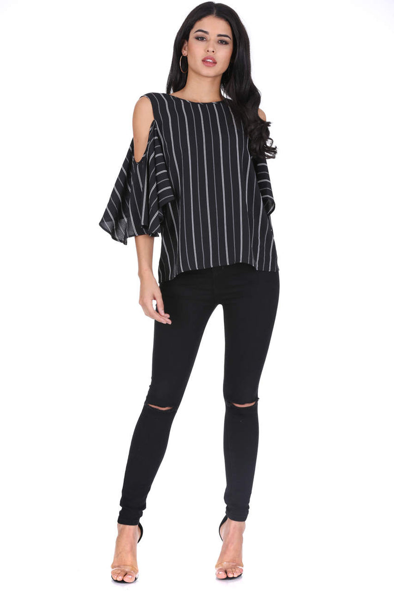 Black Striped Cut Out Shoulder Top