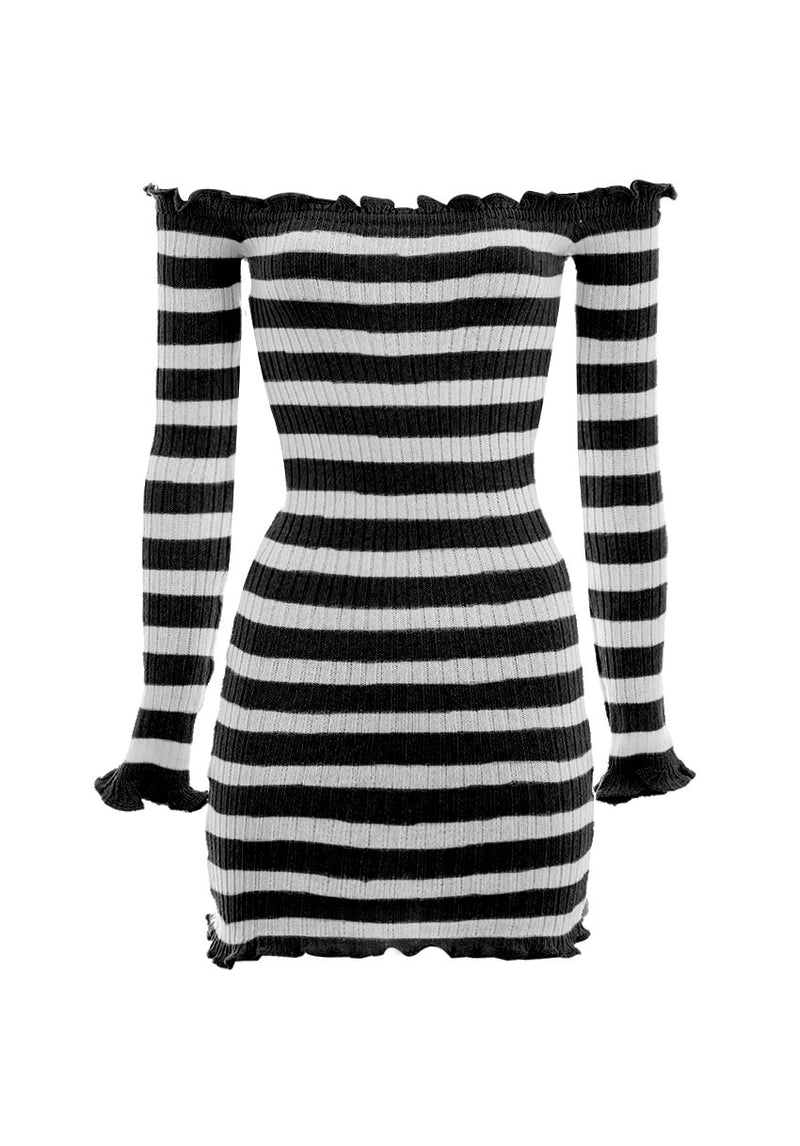 Black Striped Off The Shoulder Knit Dress