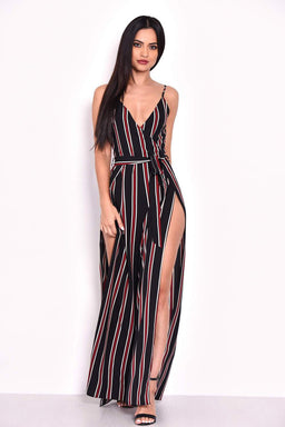 Black Striped Tie Waist Split Leg Jumpsuit