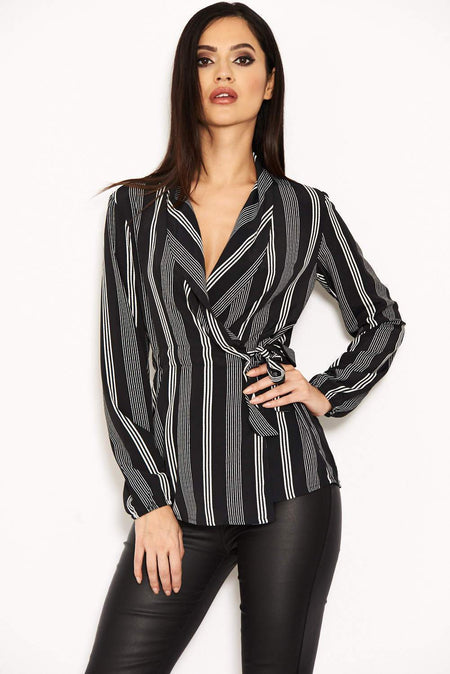 Black Striped Tie Waist Wrap Top