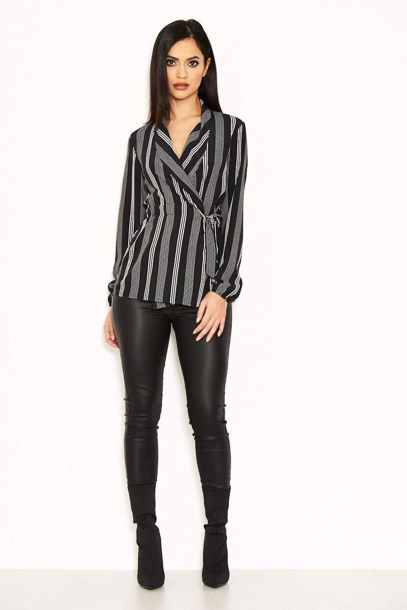 Black Striped Tie Waist Wrap Top