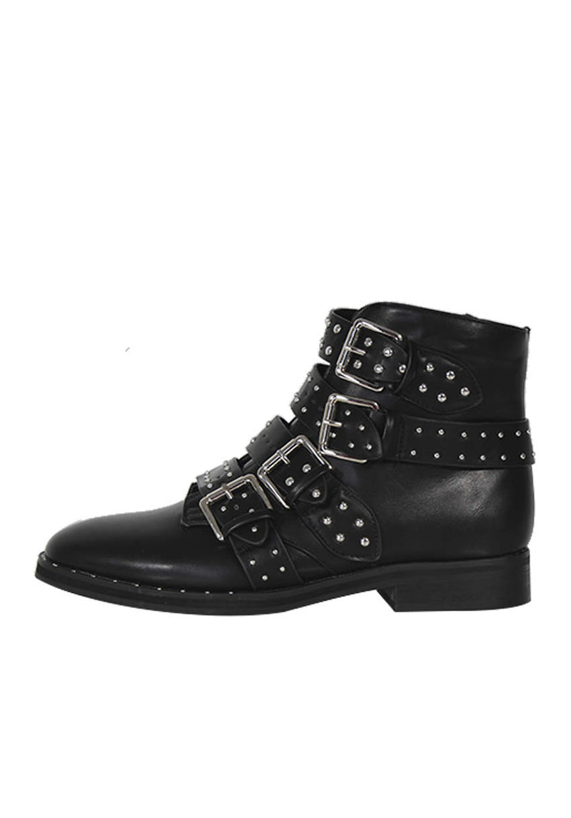Black Studded Buckle Ankle Boots
