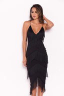 Black Tassel V Neck Midi Dress