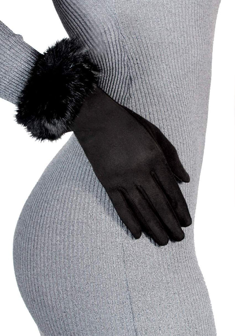 Black Touch Screen Gloves with Fur Detail