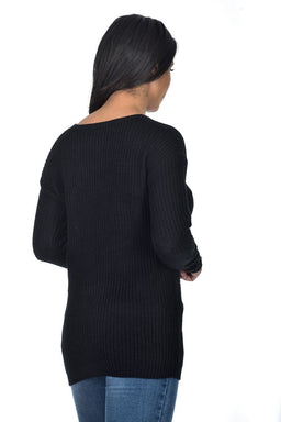 Black V Neck Cable Knit Laddered Jumper
