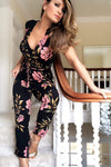 Black V-Neck Floral Print Jumpsuit