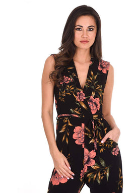 Black V-Neck Floral Print Jumpsuit