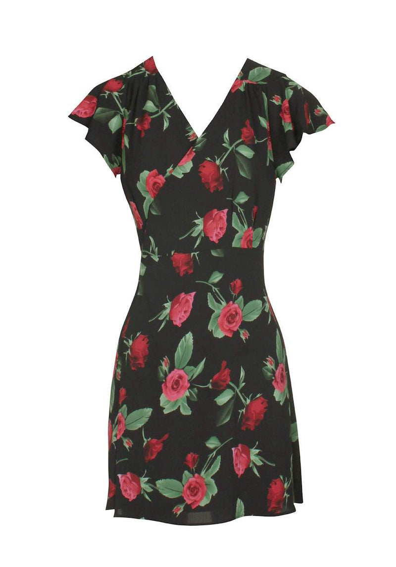 Black V-neck Wrap Front Floral Dress