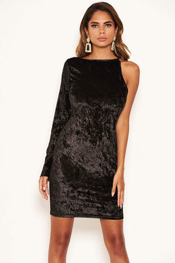 Black Velvet One Sleeve Bodycon Dress