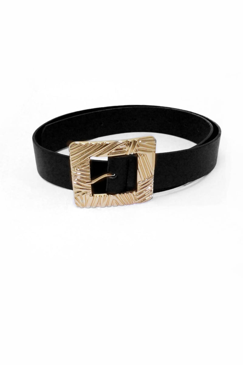 Black Wide Waist Belt With Giant Gold Buckle