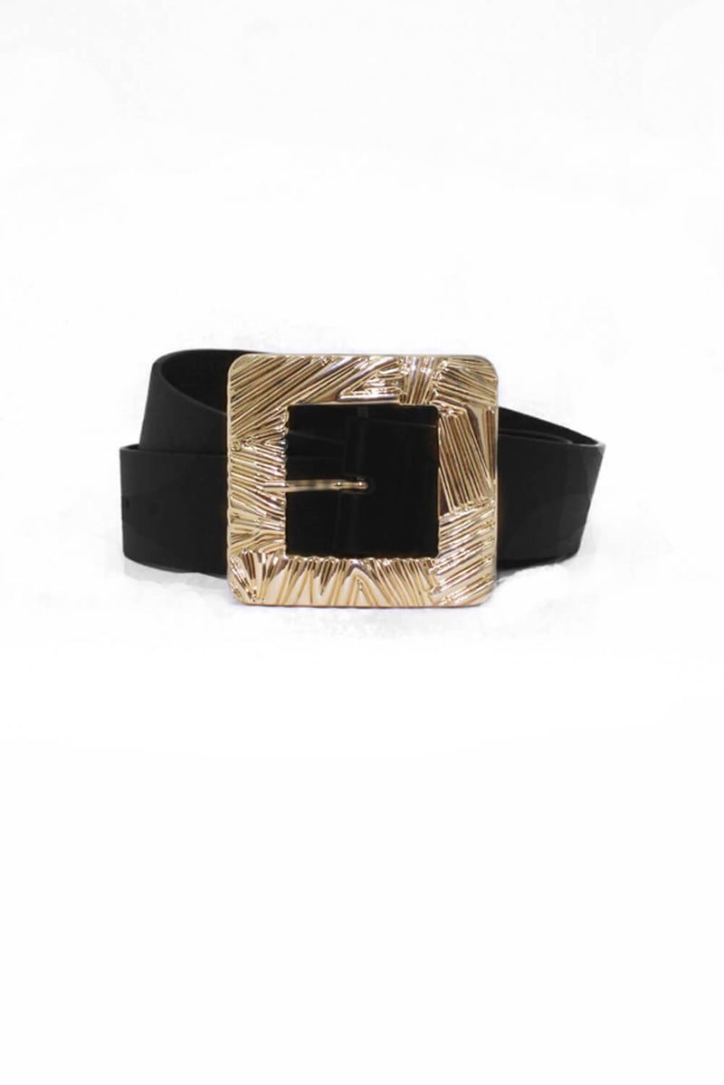 Black Wide Waist Belt With Giant Gold Buckle