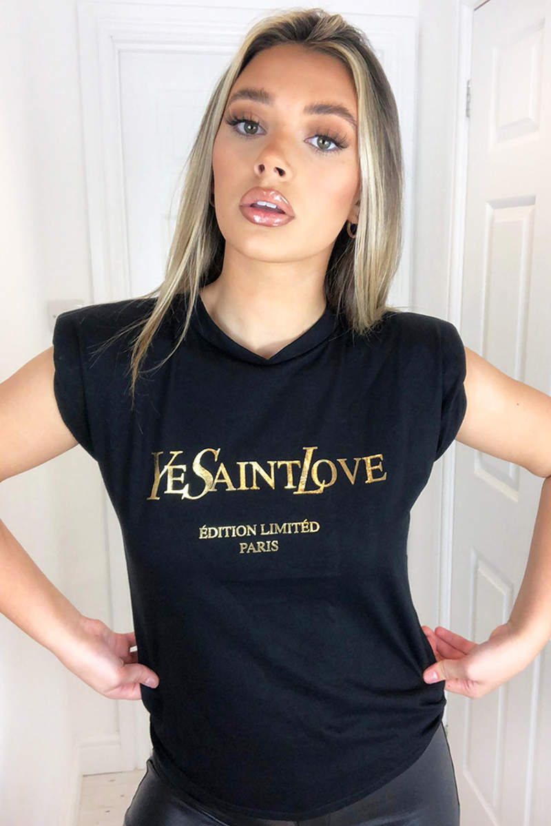 Black YSLOVE Padded Shoulder Sleeveless T-Shirt