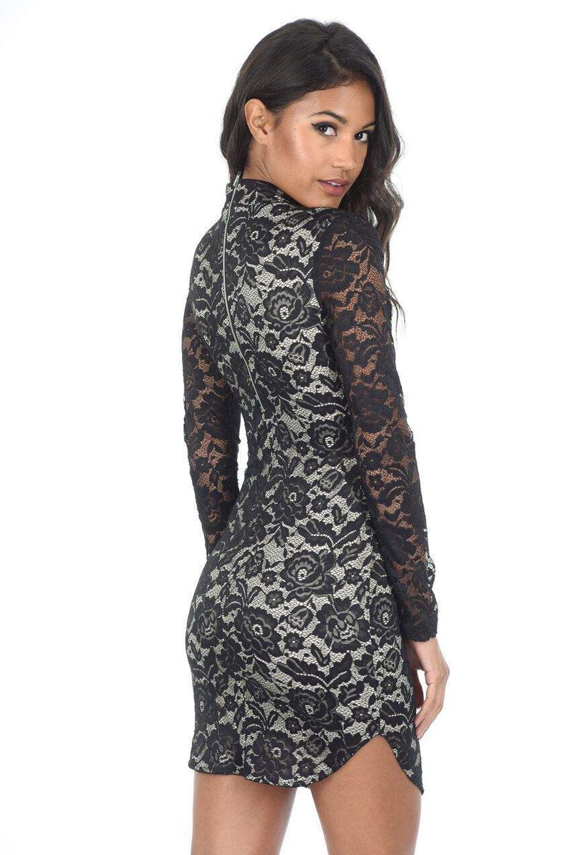 Black and Nude High Neck Long Sleeved Lace Mini Dress