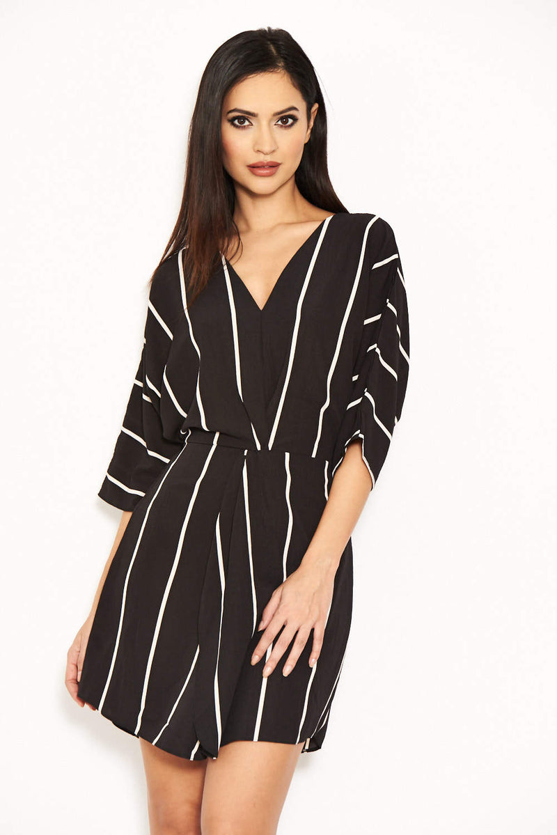 Black and White Striped Wrap Mini Dress