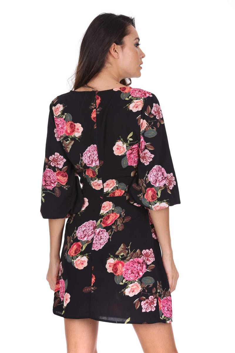 Black Floral Ruched Sleeve Dress