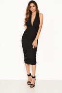 Black Halter Neck Ruched Dress