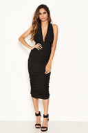 Black Halter Neck Ruched Dress