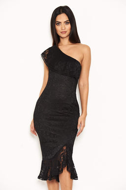 Black Lace One Shoulder Frill Detail Midi Dress