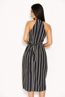 Black Pin Striped Wrap Skirt Cut In Neck Dress