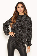 Black Spotty Pleated Frilled Neck Top