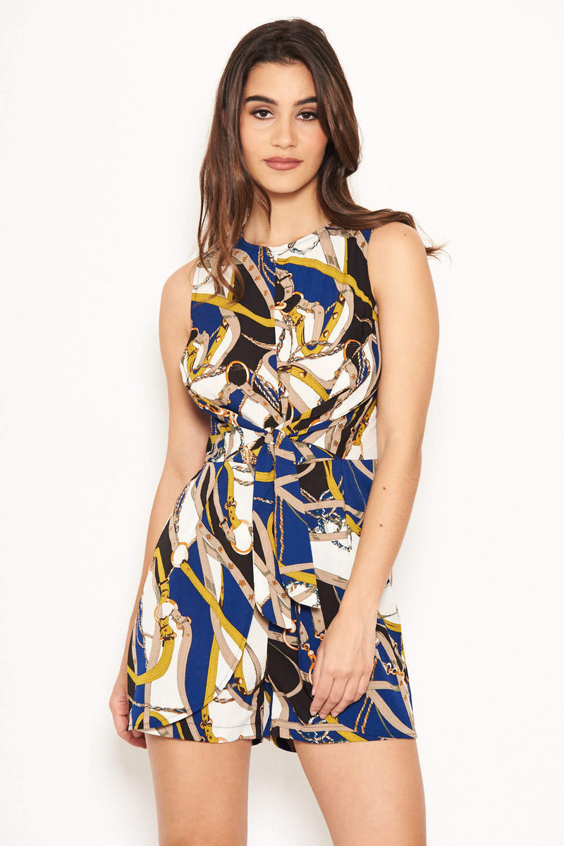 Blue Chain Print Front Knot Playsuit