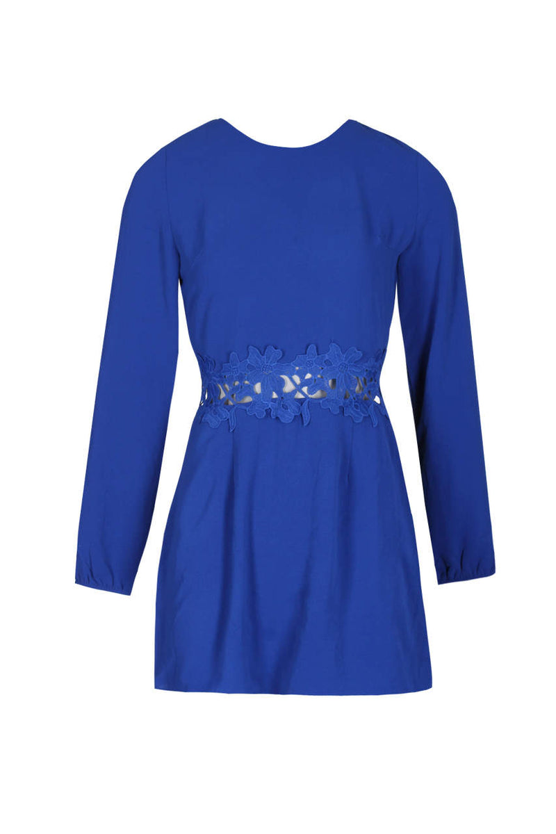 Blue Crochet Waist Long Sleeved Dress