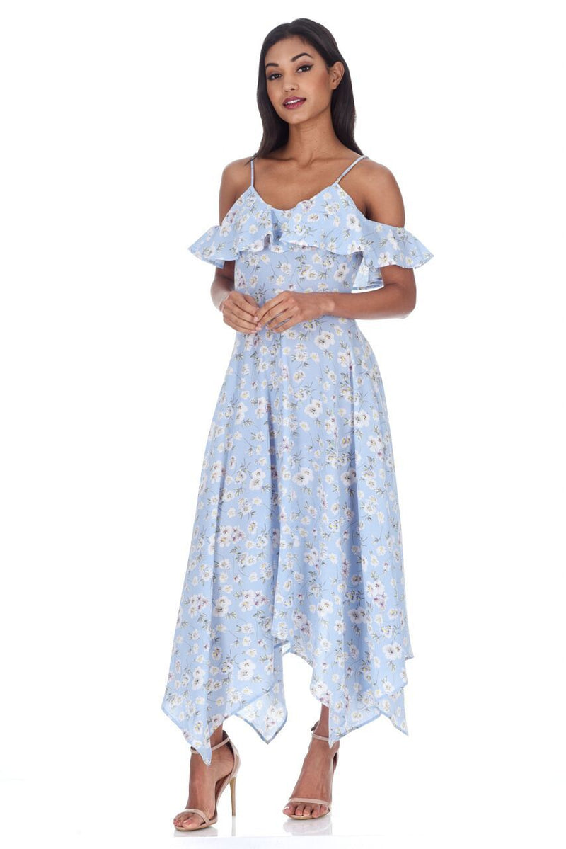 Blue Floral Cut Out Shoulder Dress – AX Paris US