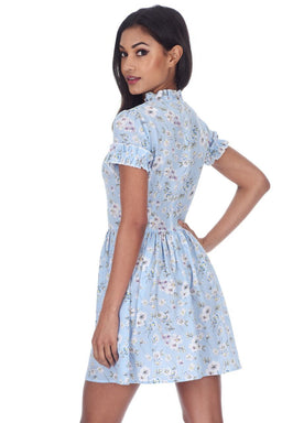 Blue Floral Frill Detail Mini Dress