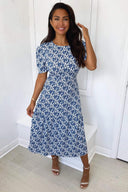 Blue Floral Frill Sleeve Midi Dress