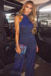 Blue Glitter High Neck Jumpsuit