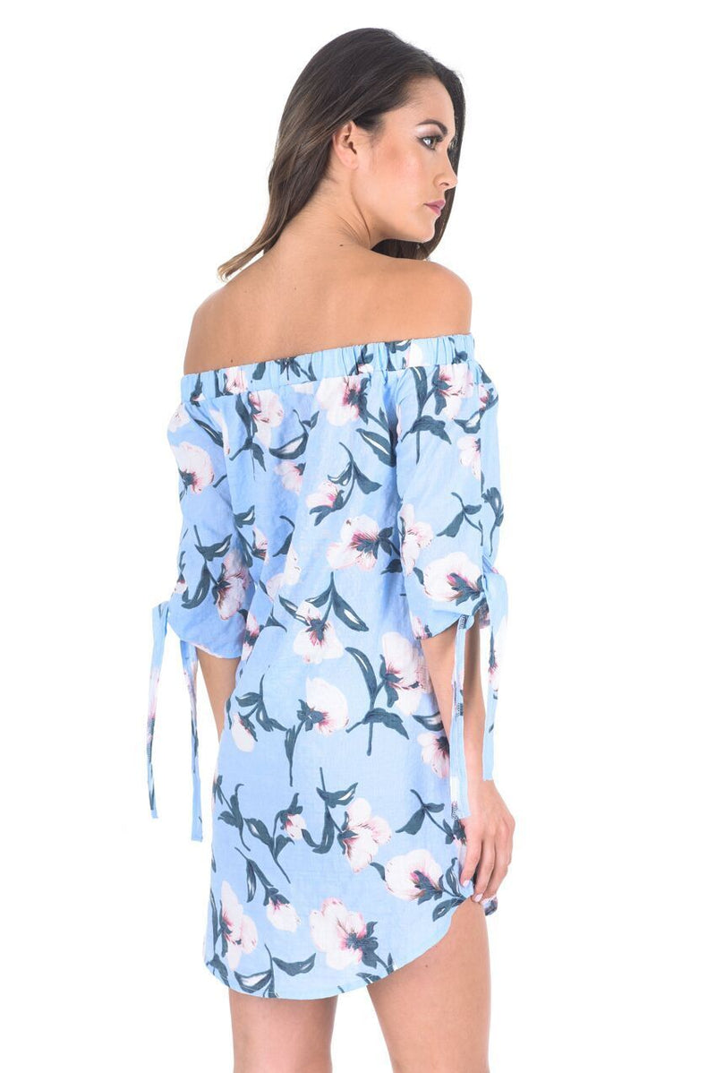 Blue Off The Shoulder Printed Floral Dress