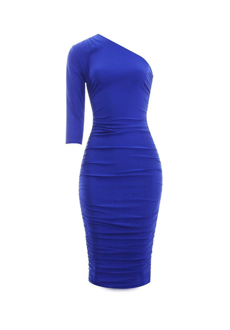 Blue One Sleeve Slinky Midi Dress
