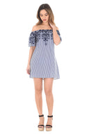 Blue Pinstripe Bardot Dress With Floral Embroidery
