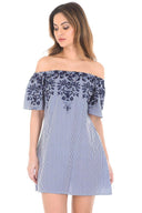 Blue Pinstripe Bardot Dress With Floral Embroidery