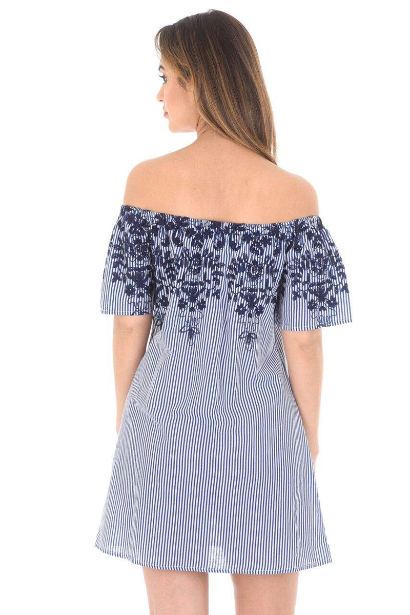 Blue Pinstripe Bardot Dress With Floral Embroidery