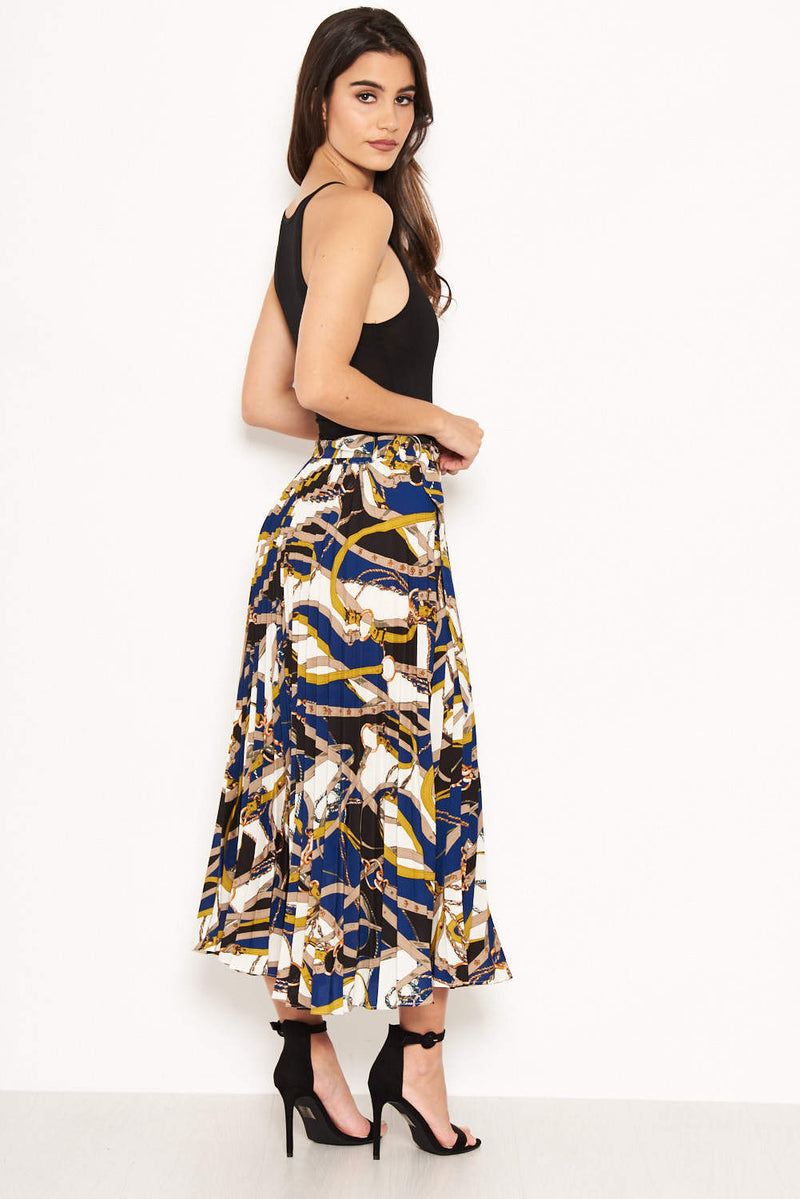 Blue Pleated Midi Skirt With Chain Print