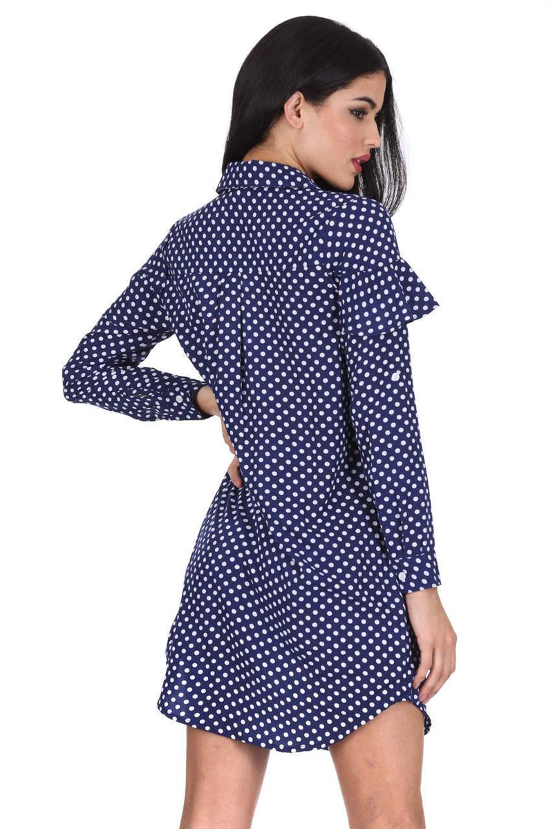 Blue Polka Dot Shirt Dress With Ruffle Detail