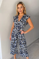 Blue Printed Belted Wrap Jumpsuit