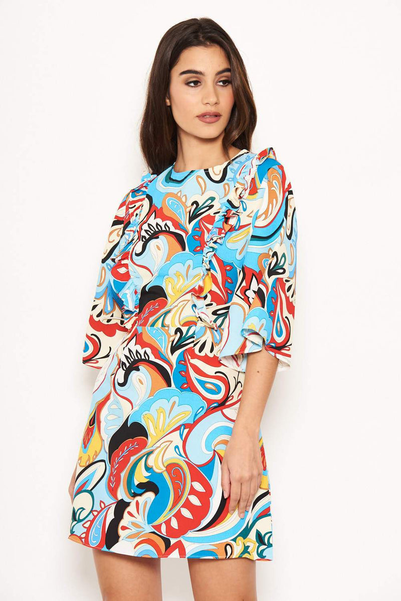 Blue Printed Frill Front Dress