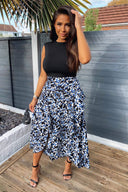 Blue Printed Skirt 2 in 1 Midi Dress