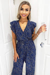 Blue Printed V-Neck Frill Jumpsuit