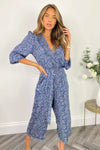 Blue Printed Wrap Over Belted Jumpsuit