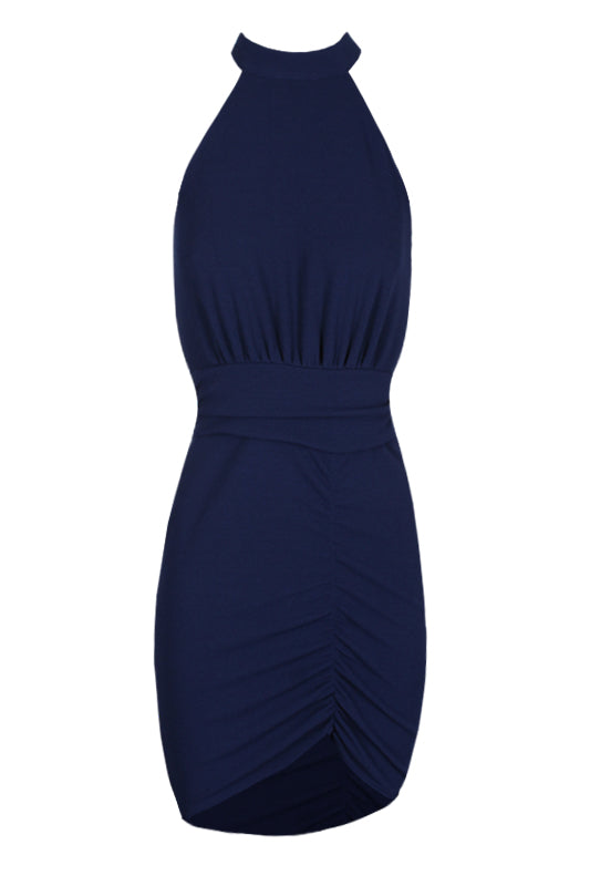 Navy Ruched Backless Choker Neck Dress