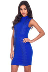 Blue Sleevless High Neck Crochet Detail Dress