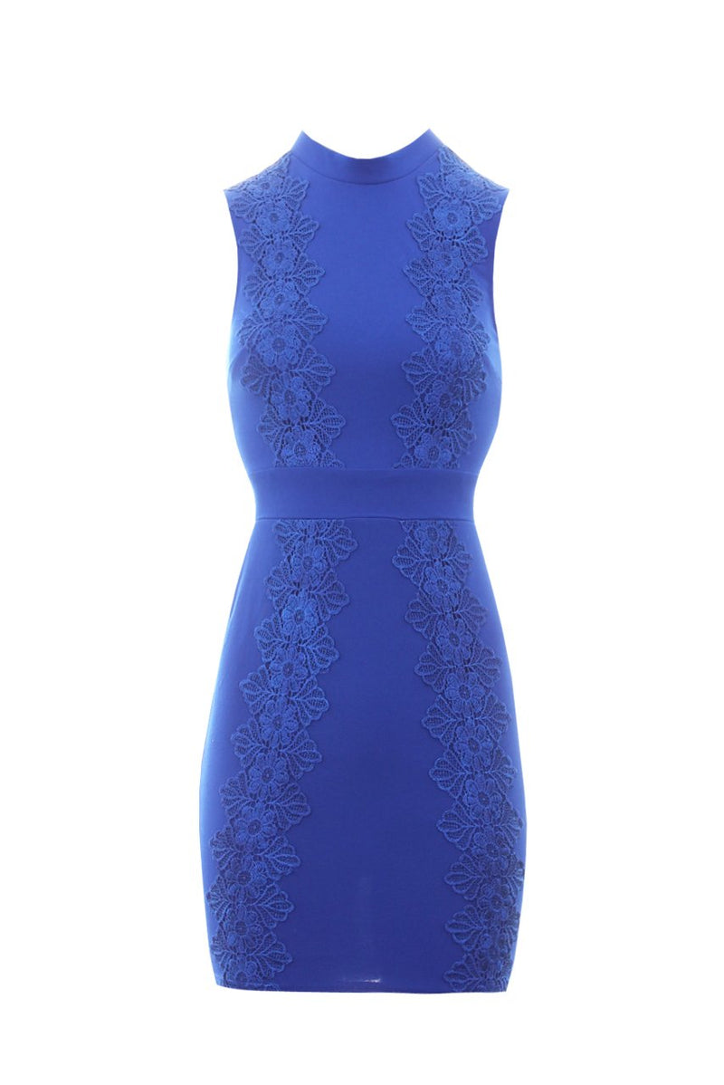 Blue Sleevless High Neck Crochet Detail Dress