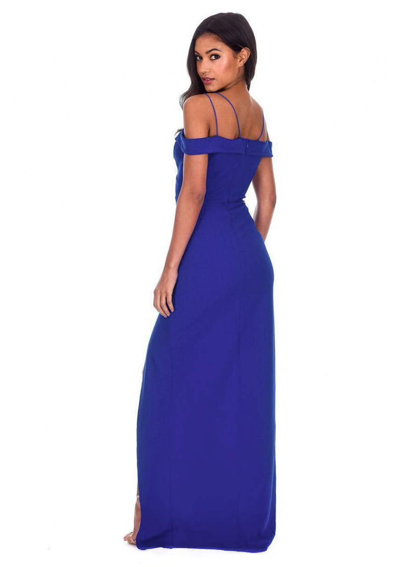 Blue Strappy Off The Shoulder Side Split Maxi Dress