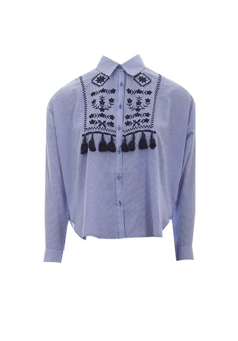 Blue Striped Embroidery Sleeved Shirt