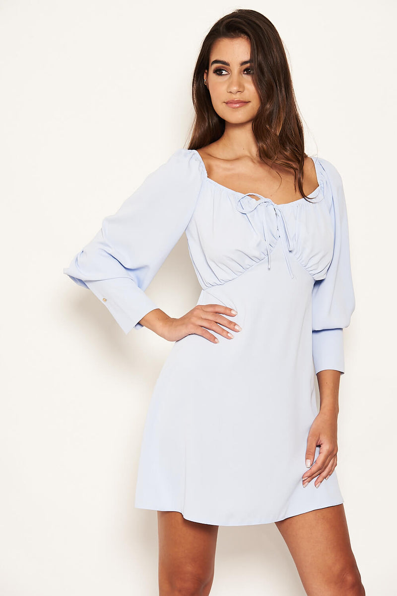 Blue Tie Neckline Long Sleeve Dress