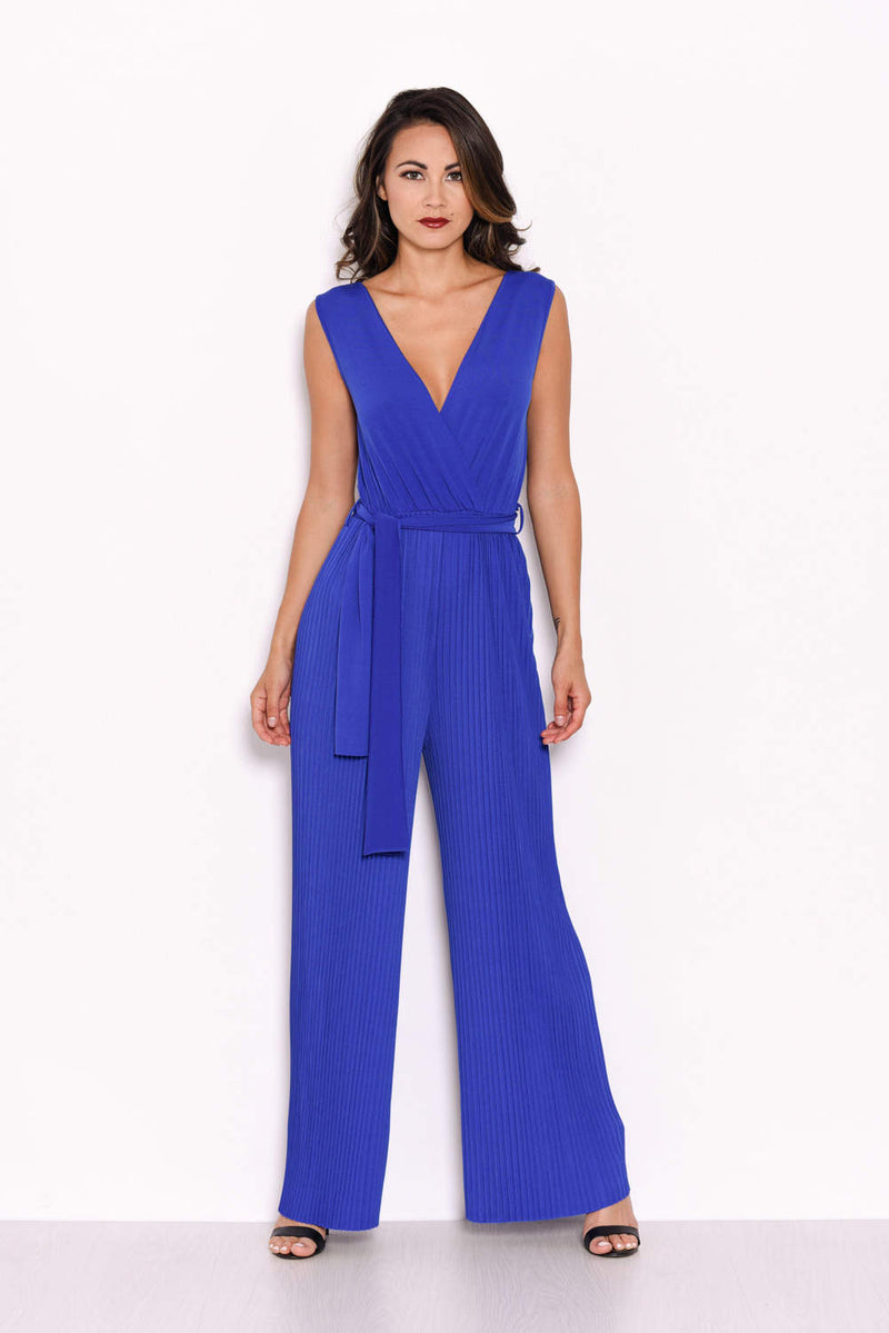 Blue Pleated Tie-Waist Jumpsuit